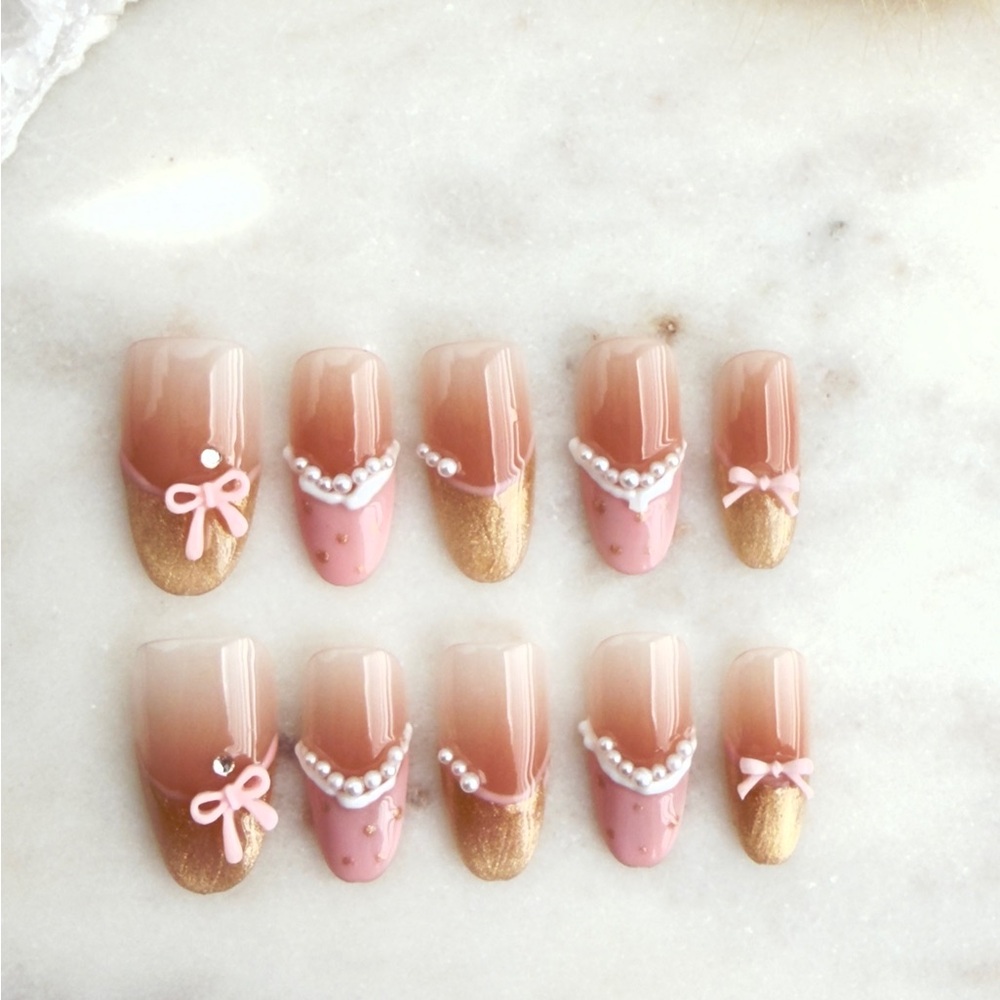 Pink Bow & Pearl Press On Nails